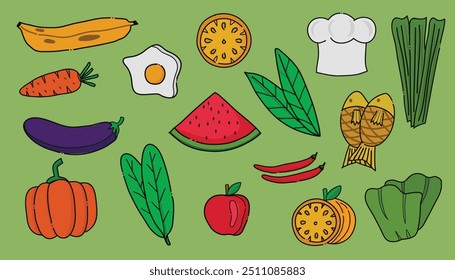 Illustration hand drawn of foods ,fruits and vegetables collection on green background.Vector illustration