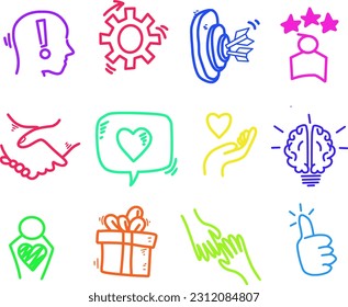 Illustration of hand drawn friendship, love doodle icons, element symbol for competence, mutual understanding, assisstance bussiness, skills and knowledge concept  in doodle style, interaction, vector