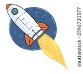 Illustration Hand Drawn of a Futuristic Spaceship Taking Off Isolated on White Background. Sci-Fi Rocket in Launch Mode, High-Speed Spacecraft