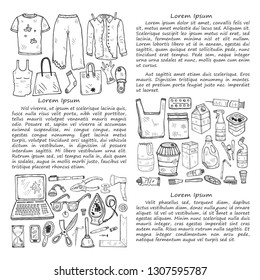 Illustration with hand drawn garbage. Plastic pollution collection. Vector