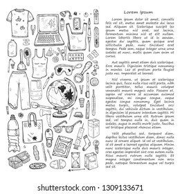 Illustration with hand drawn garbage. Plastic pollution collection. Vector