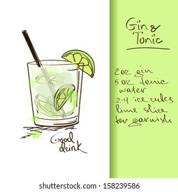 Illustration With Hand Drawn Gin And Tonic Cocktail