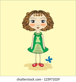 Illustration of hand drawn girl with blue flower