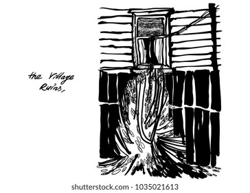 Illustration with hand drawn graphic in vector. The village window with bush contrast ink graphic. Old country landscape with outhouse and dry tree. Grunge sketch for vintage card, poster.
