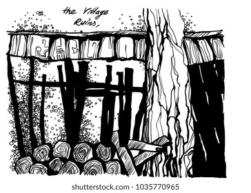 Illustration with hand drawn graphic in vector. The village woodshed with in contrast ink graphic. Old country landscape with outhouse and bush tree. Grunge sketch for vintage card, poster.
