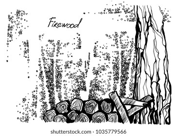 Illustration with hand drawn graphic in vector. The village woodshed with in contrast ink graphic. Old country landscape with outhouse and bush tree. Grunge sketch for vintage card, poster.
