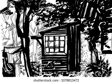 Illustration with hand drawn graphic in vector. The village woodshed with  in contrast ink graphic. Old country landscape with outhouse and dry tree. Grunge sketch for vintage card, poster.
