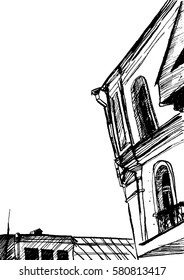 Illustration with hand drawn graphic in vector. Street with old lights in contrast ink graphic. Old city landscape with houses. Grunge sketch for vintage card, poster.