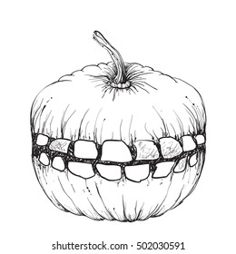 Illustration of a hand drawn halloween pumpkin with a carved smiley face on it.