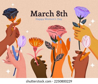 Illustration of hand drawn hands holding flowers for International Women's Day celebration on beige background.