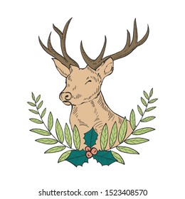 Illustration Hand drawn Head deer 
with leaves bush, Vintage painting style, Christmas concept vector eps10_