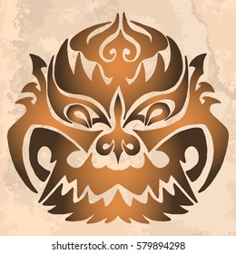 Illustration with hand drawn head of ethnic dragon on vintage paper. Tattoo design. Heraldry and logo concept art.