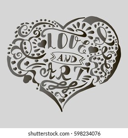 Illustration with hand drawn heart with doodles and lettering inside "Love and Art". Tattoo design. Drawing for coloring book.
