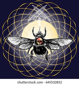 Illustration of hand drawn honey bee made in mythology style. Beautiful ink drawing honey bee with human skull tattoo concept. Fantasy, spirituality and occultism body art, trendy print. Vector.