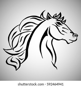 Illustration with hand drawn horse head. Tattoo design element. Heraldry and logo concept art. Drawing for coloring  book.