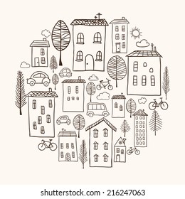 Illustration of hand drawn houses in circle shape