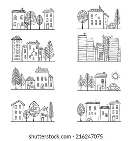 Illustration Of Hand Drawn Houses, Small Town