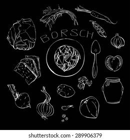 Illustration of hand drawn ingredients for borsch on chalk board.