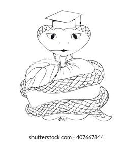 Illustration of hand drawn inky snake, apple and square academic cap. Snake in graduation cap and apple -a symbol of wisdom vector. Educational illustration for emblem, prints, stickers, coloring book