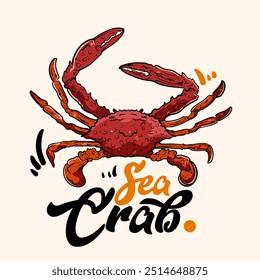 Ilustração Desenhado à mão Caranguejo-rei e texto Caranguejo-do-mar para tatuagens de vestuário de design ou elemento de mercadoria