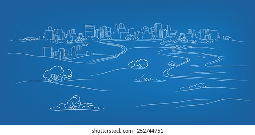 The illustration of hand drawn landscape. Vector image.