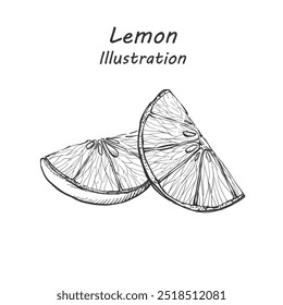 Illustration hand drawn Lemon sliced on white background, outline monochrome ink style for artwork, logo, packaging vector eps10.