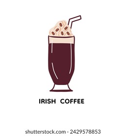 Illustration of hand drawn lettering label for alcohol cocktail Irish coffee.