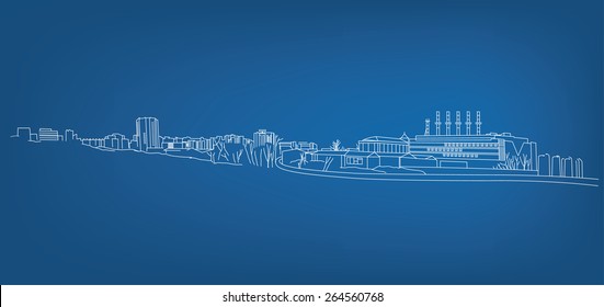 The illustration of hand drawn lined skyline background. Vector image.