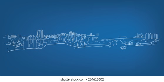 The illustration of hand drawn lined skyline background. Vector image.