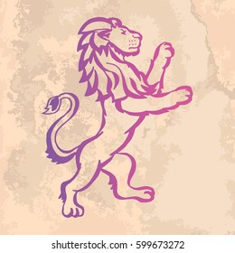 Illustration with hand drawn lion on vintage paper.Tattoo design element. Heraldry and logo concept art.
