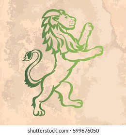 Illustration with hand drawn lion on vintage paper.Tattoo design element. Heraldry and logo concept art.