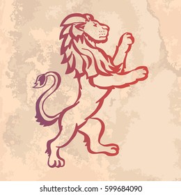 Illustration with hand drawn lion on vintage paper.Tattoo design element. Heraldry and logo concept art.