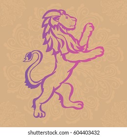 Illustration with hand drawn lion on brown background with mandalas.Tattoo design element. Heraldry and logo concept art.