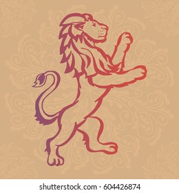 Illustration with hand drawn lion on brown background with mandalas.Tattoo design element. Heraldry and logo concept art.