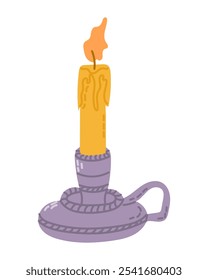 Illustration of hand drawn lit candle in vintage style candle holder with melted wax and simple flame. Vector flat artwork isolated on white background