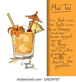 Ilustración con el cóctel Mai Tai dibujado a mano