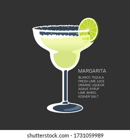 Illustration with hand drawn Margarita cocktail recipe. Tequila, lime juice, orange liqueur, syrup, lime and salt. Margarita cocktail glass vector illustration.