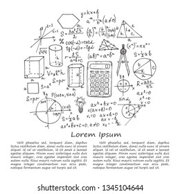 Illustration with hand drawn mathematics formules and other elemets. Science collection. Vector.