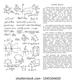 Illustration with hand drawn mathematics formules and other elemets. Science collection. Vector.