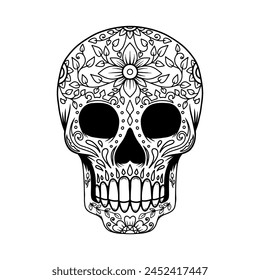 Illustration of hand drawn mexican sugar skull isolated on white background. Design element for poster, card, banner. Day of the dead