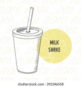 Illustration of hand drawn milk shake in paper cup with stick. Sketched drink for fast food restaurant in vector