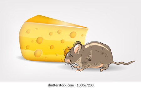 Illustration of hand drawn mouse with slice of cheese