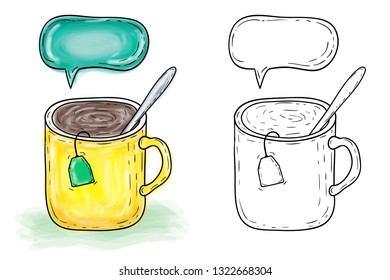 Illustration of hand drawn mug with tea, watercolor artwork