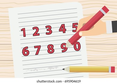 Illustration of hand drawn numbers on paper over wood tables