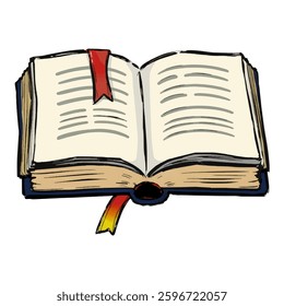 Illustration Hand Drawn of an Open Book with Bookmark Isolated on White Background. Reading Book Clipart, Literature Book Icon