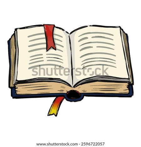 Illustration Hand Drawn of an Open Book with Bookmark Isolated on White Background. Reading Book Clipart, Literature Book Icon