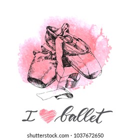 Illustration, hand drawn  pair of well-worn ballet pointes shoes and modern lettering Pointe shoes