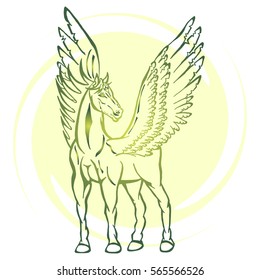 Illustration with hand drawn Pegasus mythological winged horse on light yellow spiral background. Tattoo design element. Heraldry and logo concept art.