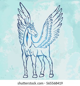 Illustration with hand drawn Pegasus mythological winged horse on vintage blue paper. Tattoo design element. Heraldry and logo concept art.