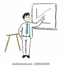 Illustration of Hand drawn Person standing in front of a board, pointing at a chart.